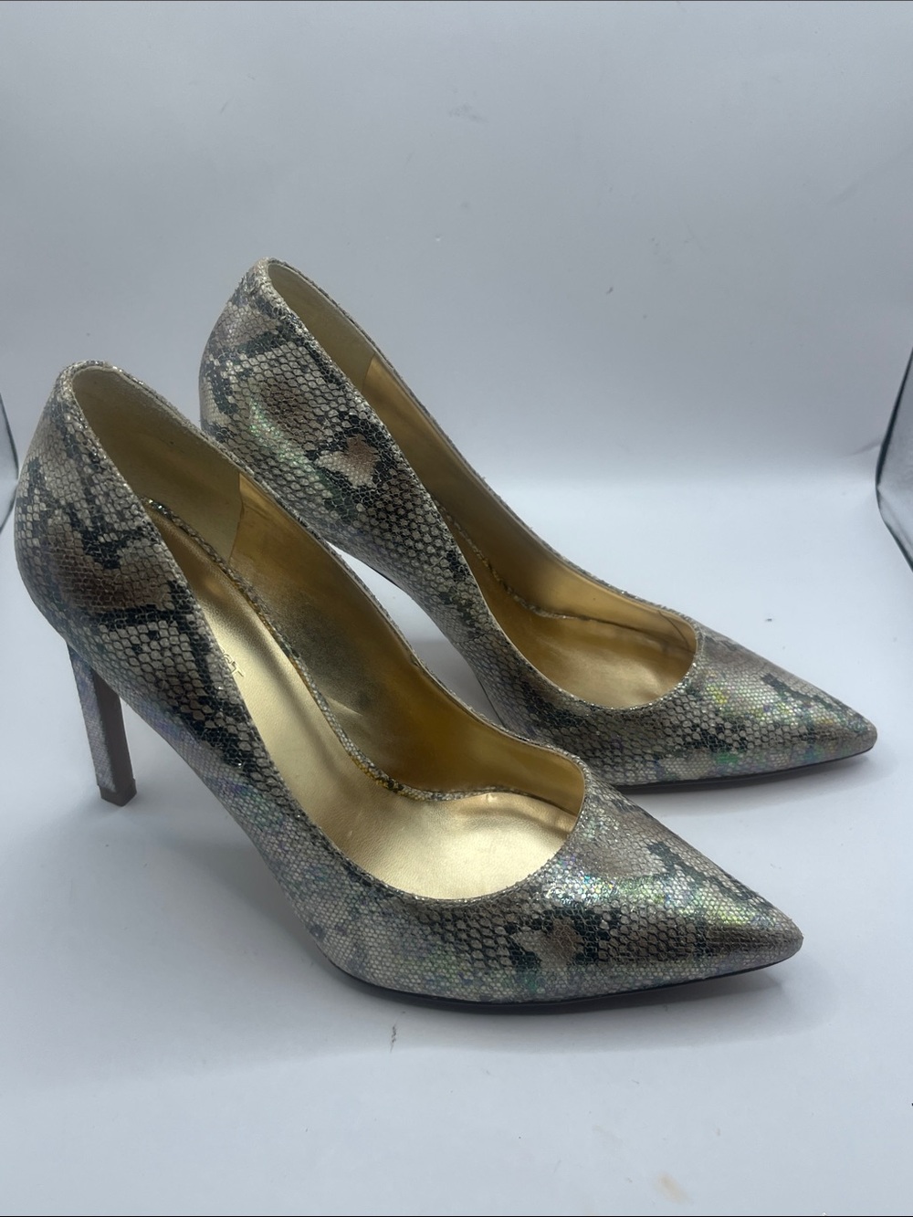 Nine West Metallic Snake-Print Pointed Toe Pumps in Gold and Taupe